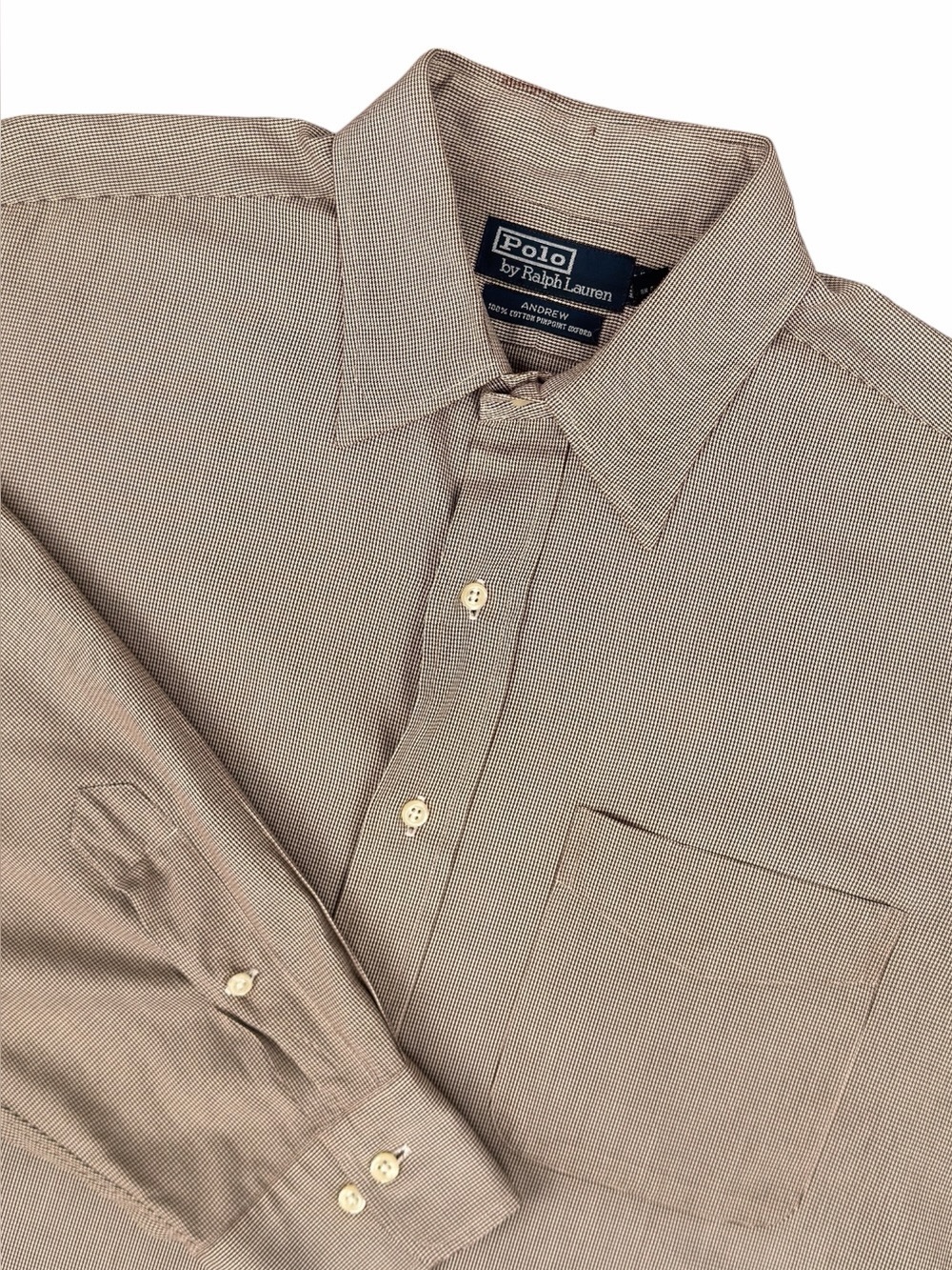 Polo Ralph Lauren Andrew 16.5 32-33 Pinpoint Dress Shirt Brown Houndstooth